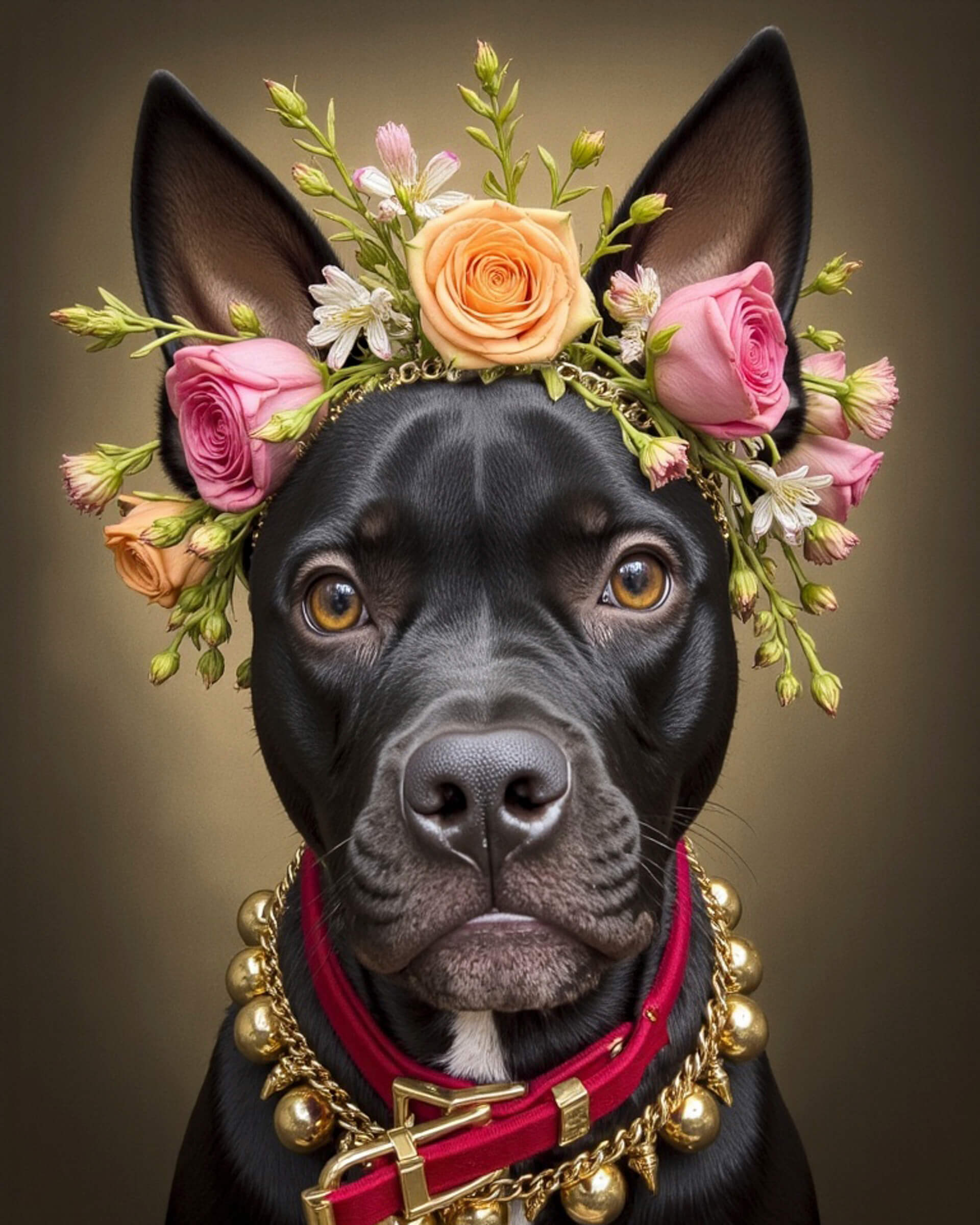 A Boston Terrier and Pit Bull mix sits, looking into the camera, adorned with a crown of flowers. This image exemplifies Paco Floyd’s Custom Pet Portrait 'Flower Crown' style.